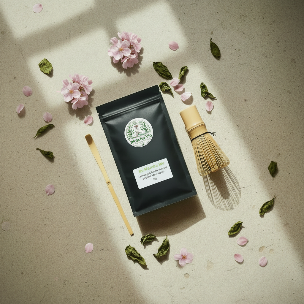 Matcha Yin Whisk & Scoop Bundle - Cherry blossom Japanese tea ceremony flat lay