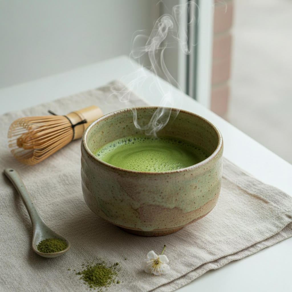 Matcha Bliss product displayed with a traditional ceramic bowl of whisked matcha